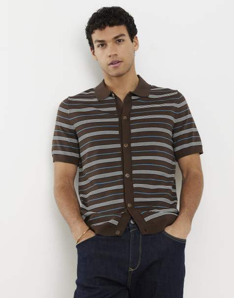River Island Short sleeve knitted stripe shirt in brown - dark