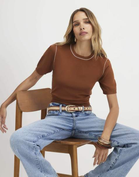 River Island Short sleeve knitted top in brown - view 1