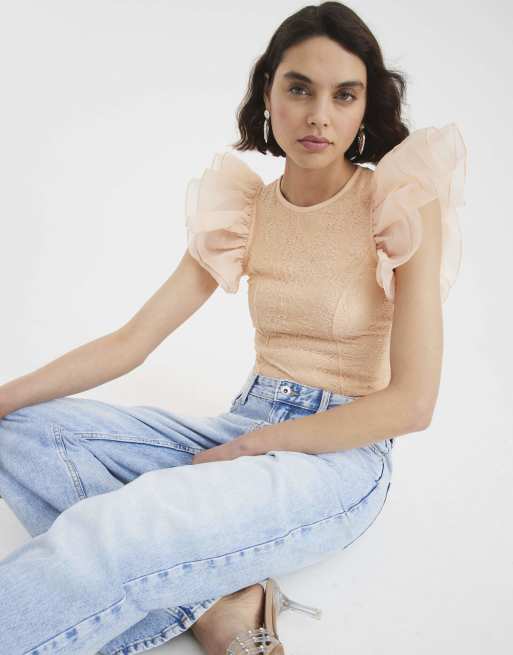 River Island Short sleeve lace ruffle bodysuit in orange - light
