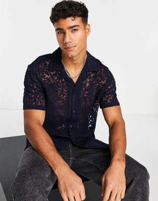 River Island short sleeve lace shirt in black