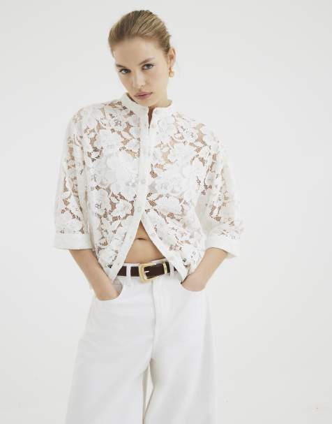 River Island Short sleeve lace shirt in white - view 1
