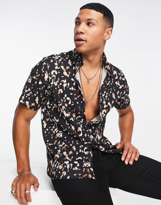 River Island short sleeve leopard party shirt in dark brown | ASOS