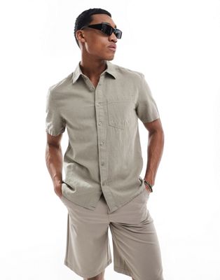 River Island Short Sleeve Linen Shirt In Sage-green