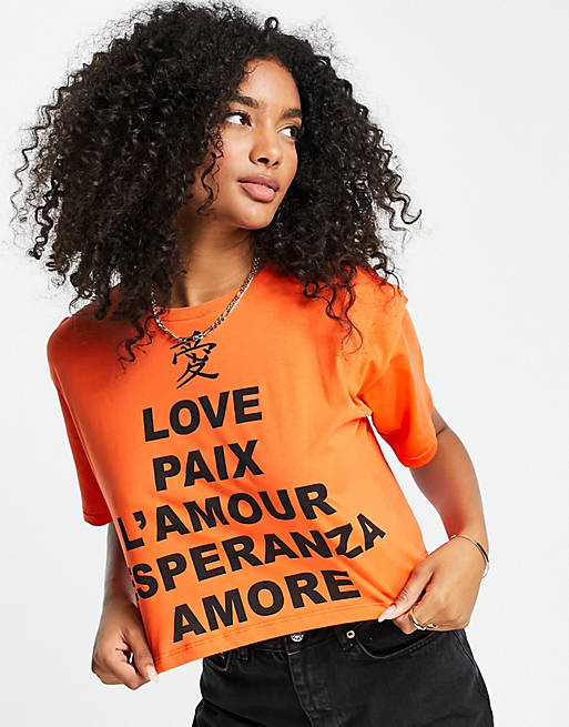 River Island short sleeve love language cropped t-shirt in orange