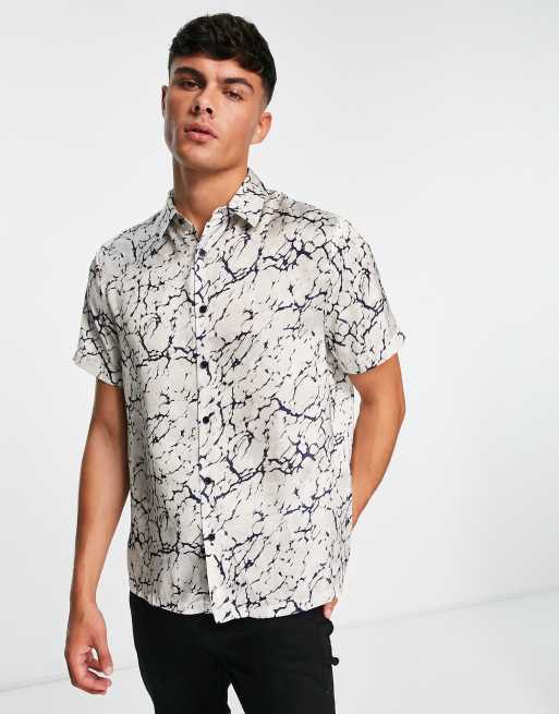 River Island short sleeve marble print party shirt in gray