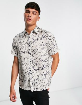 River Island short sleeve marble print party shirt in grey