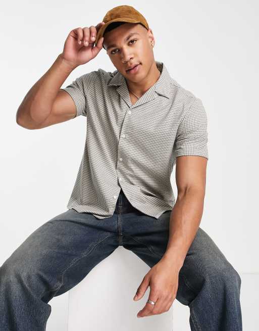 River Island short sleeve micro check shirt in brown