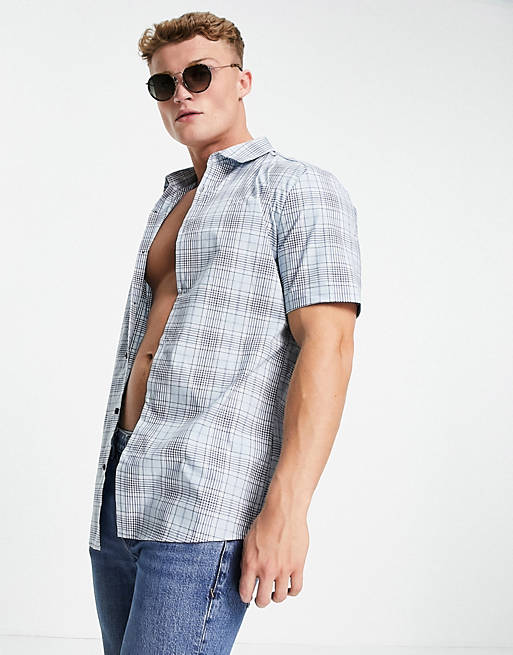 River Island short sleeve muscle fit check shirt in blue