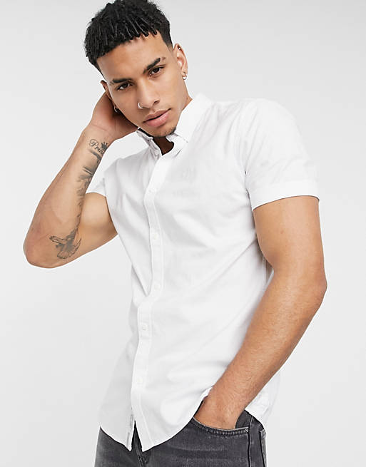 Men River Island short sleeve muscle fit oxford in white 