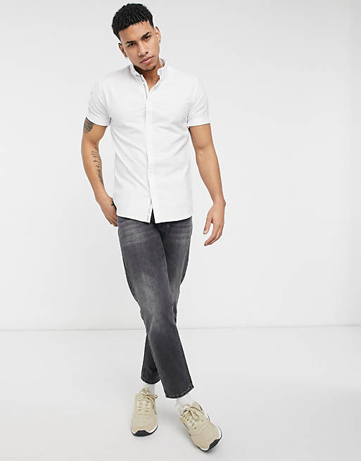 Men River Island short sleeve muscle fit oxford in white 