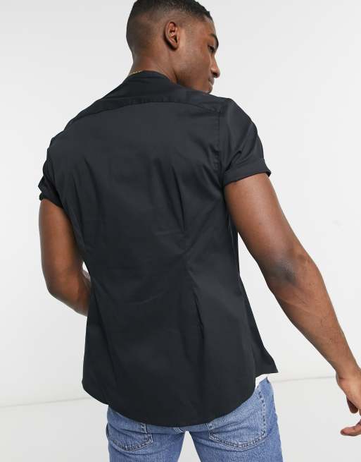 River Island short sleeve muscle fit shirt with grandad collar in black, 2 of 4
