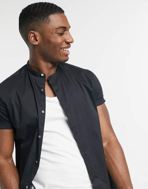 River Island short sleeve muscle fit shirt with grandad collar in black, 3 of 4