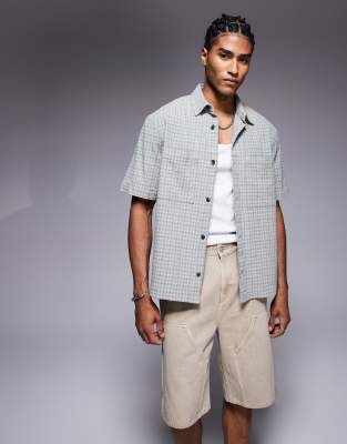 short sleeve over shirt in muted plaid-Blue