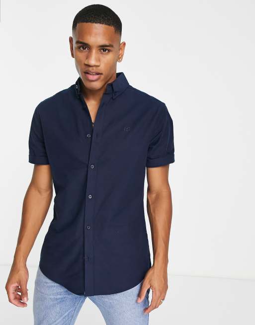 River Island Short Sleeve Oxford Shirt in Navy