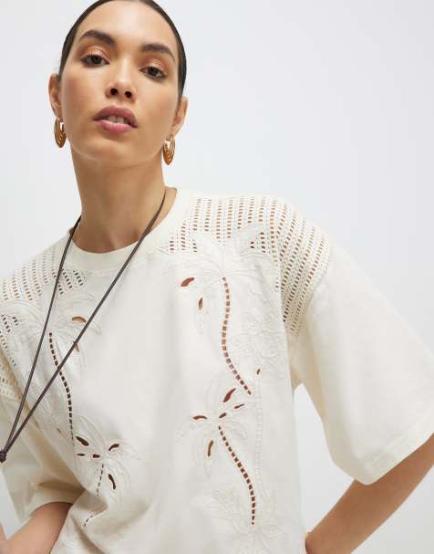 River Island Short sleeve palm broderie t-shirt in cream - view 1