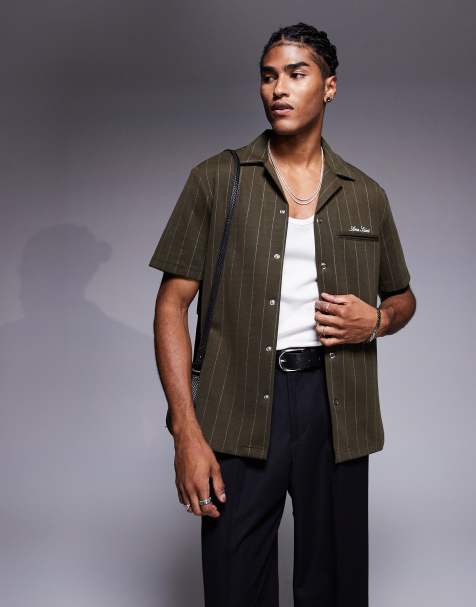 River Island short sleeve pinstripe shirt in khaki - view 1