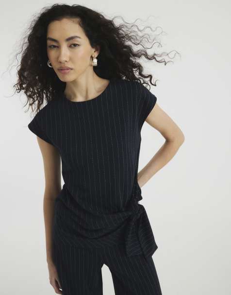 River Island Short sleeve pinstripe tie detail top in navy - view 1