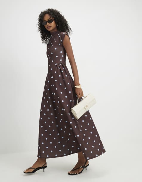 River Island Short sleeve polka dot midi maxi dress in dark brown - view 1