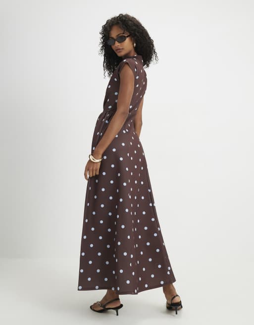 River Island Short sleeve polka dot midi maxi dress in dark brown , 4 of 4