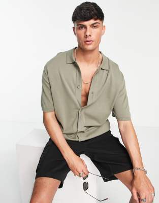 River Island short sleeve revere collar shirt in sage