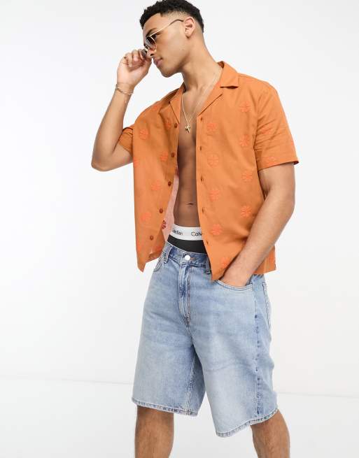 River Island short sleeve revere embroidery shirt in rust