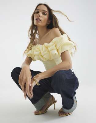 River Island Short sleeve ruffle bardot top in yellow light - view 1