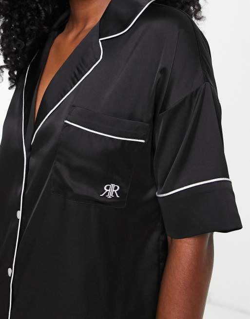 River Island short sleeve satin pjyama shirt with contrast piping in black, 3 of 4