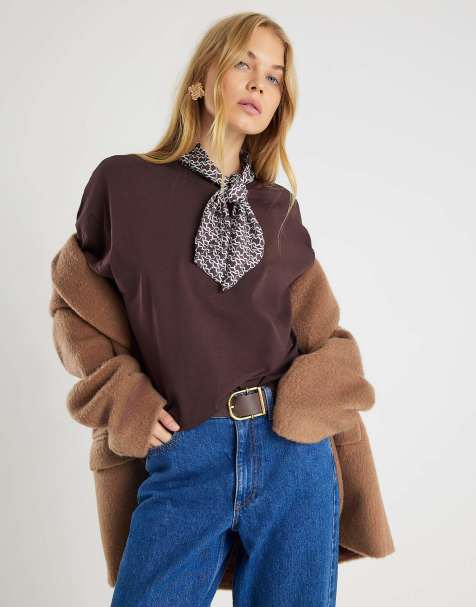 River Island Short sleeve scarf detail t-shirt in brown - dark - view 1