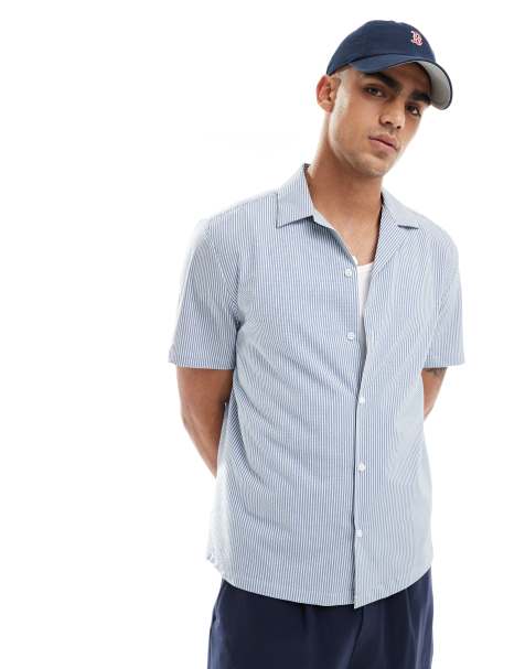 River Island short sleeve seersucker shirt in blue stripe - view 1