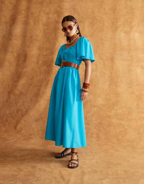 River Island Short sleeve shirred midi dress in blue - bright - view 1