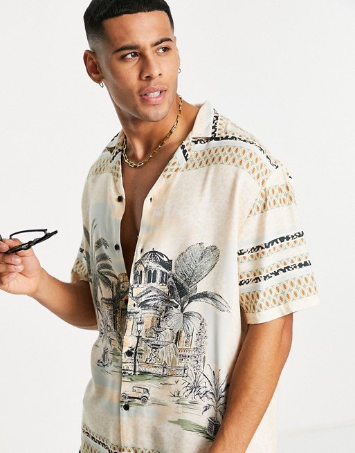 River Island short sleeve shirt with placement print in ecru