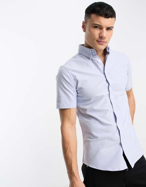 River Island short sleeve stretch Oxford shirt in light blue