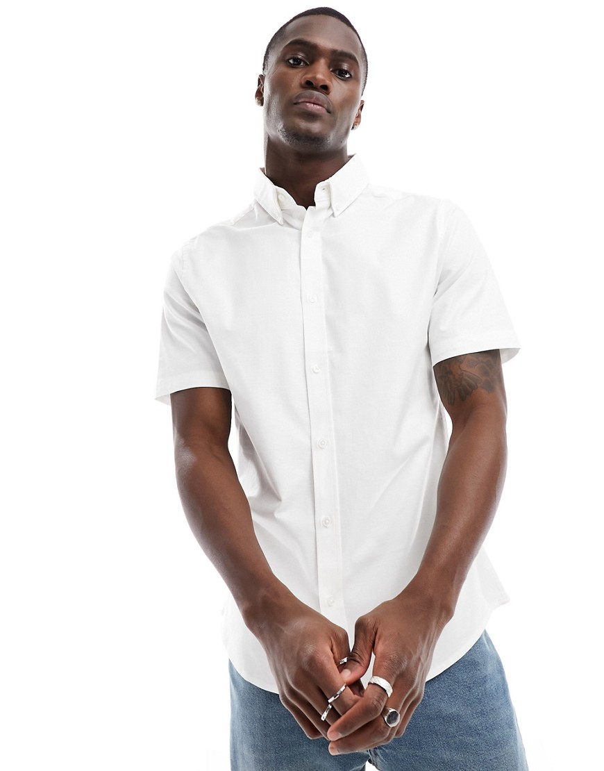Shop River Island Short Sleeve Stretch Oxford Shirt In White