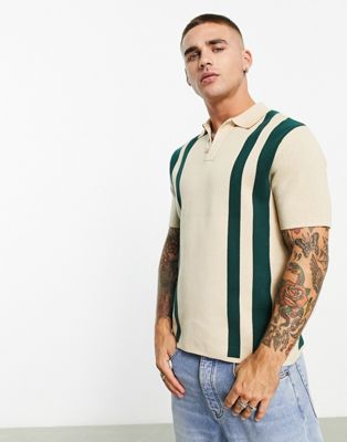 River Island short sleeve stripe knitted polo in stone - ASOS Price Checker