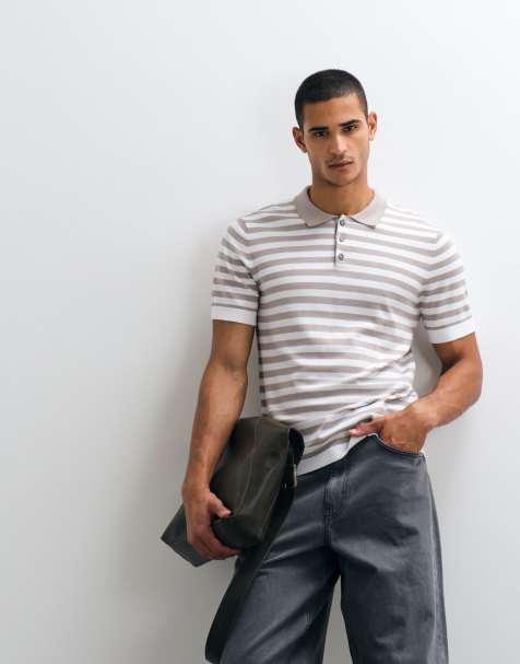 River Island short sleeve stripe knitted polo in stone - view 1