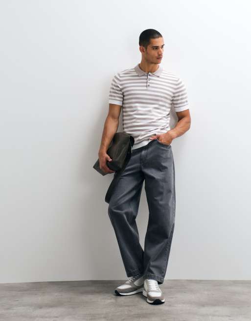 River Island short sleeve stripe knitted polo in stone, 2 of 5