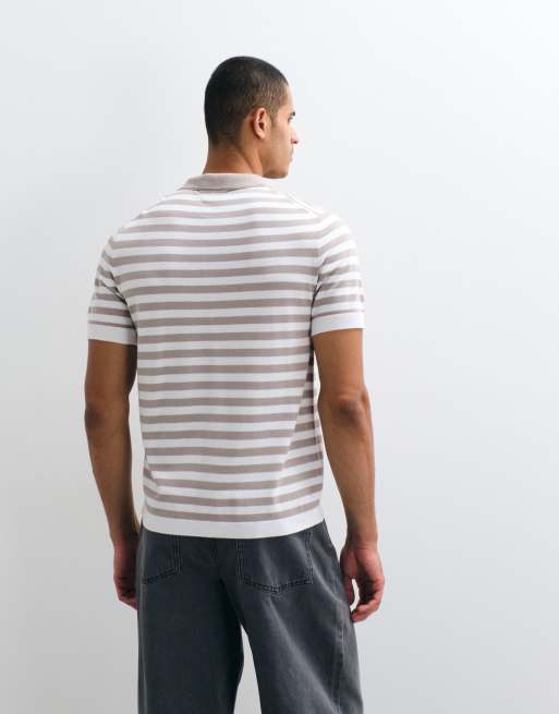 River Island short sleeve stripe knitted polo in stone, 4 of 5