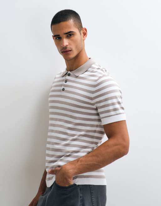 River Island short sleeve stripe knitted polo in stone, 5 of 5