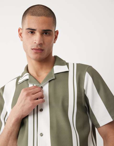 River Island short sleeve stripe revere shirt in green - view 1