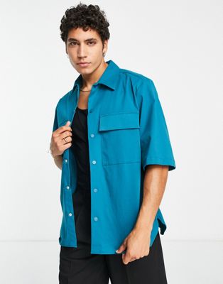 River Island short sleeve studio boxy twill shirt in turquoise