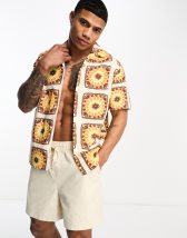 ASOS DESIGN relaxed revere crochet shirt with sunflower embroidery