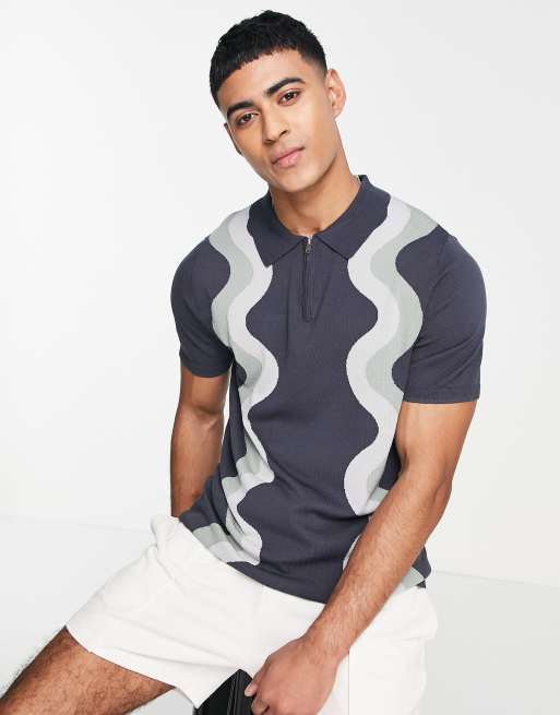 River Island short sleeve swirl polo shirt in grey