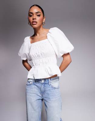 River Island Short Sleeve Textured Shirred Top In White