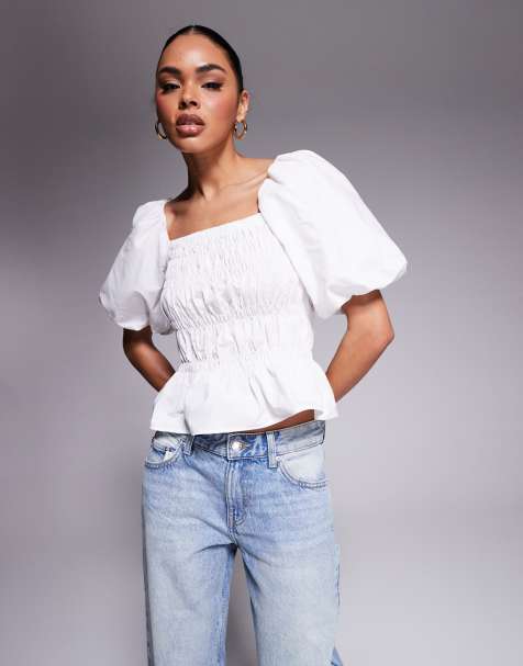 River Island short sleeve textured shirred top in white - view 1