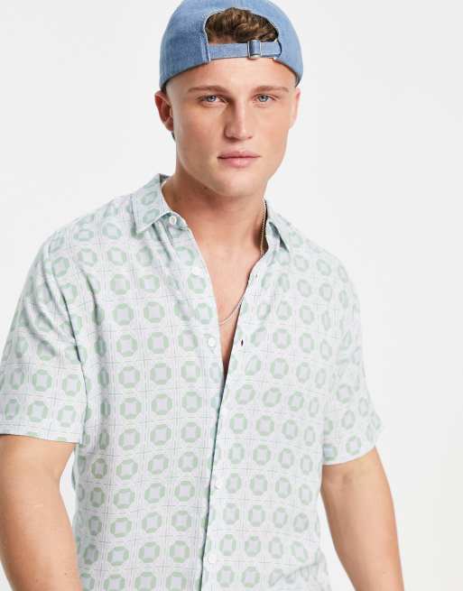 River Island short sleeve tile print revere shirt in blue | ASOS