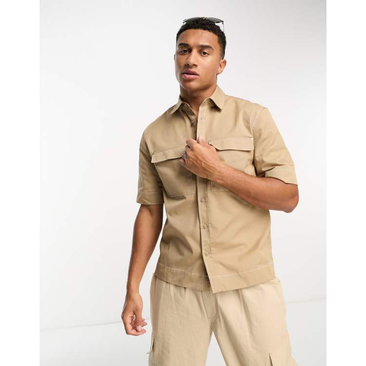 River Island short sleeve utility double pocket shirt in stone