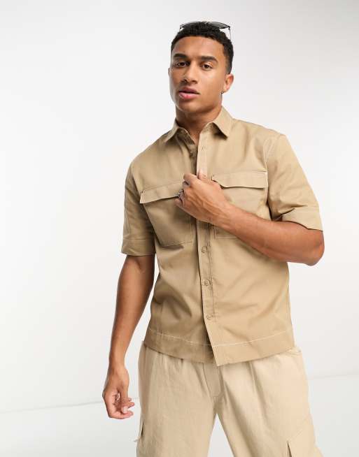 River Island short sleeve utility double pocket shirt in stone