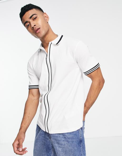 River Island short sleeve zip up polo shirt in white