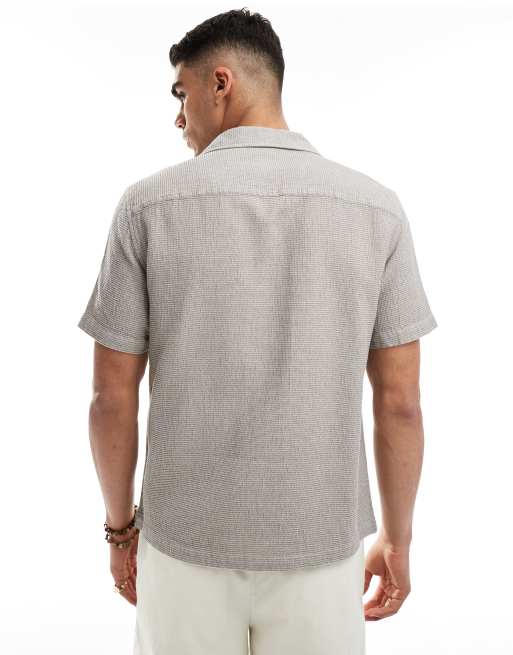 River Island short sleeved camp collar waffle shirt in light stone , 3 of 4