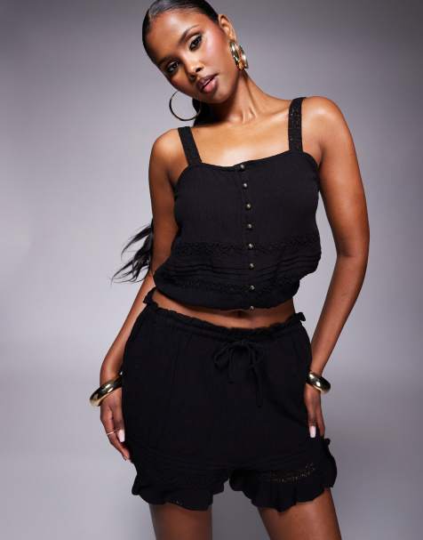 River Island - Short van kreukelstof in zwart, deel van co-ord set - view 1